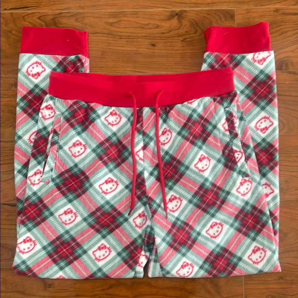 Aeropostale Hello Kitty Red and Green Plaid Fleece Joggers Pajama Pants